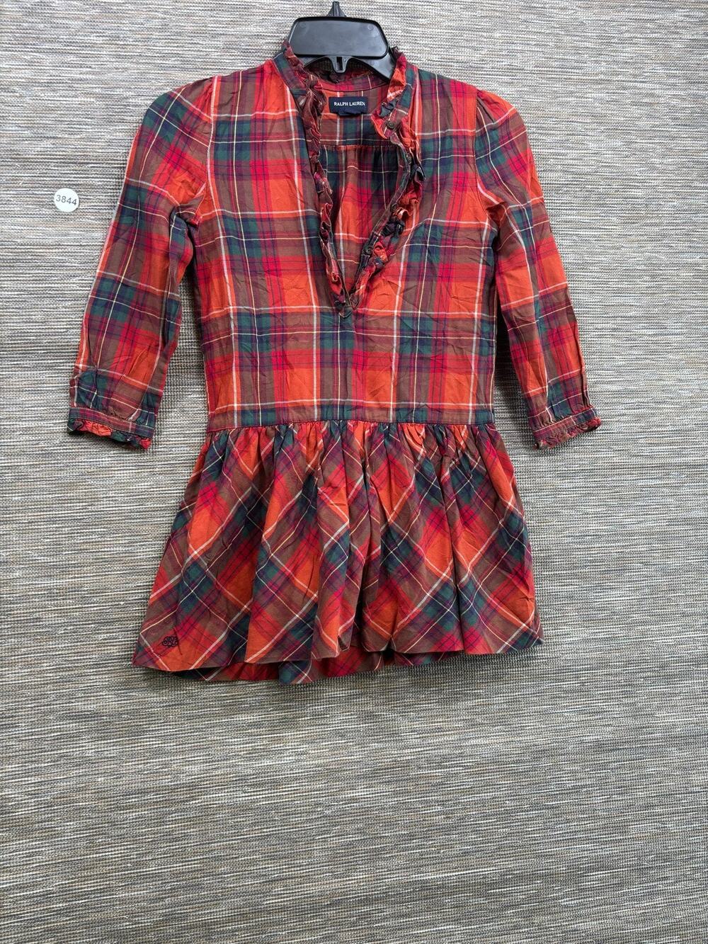Ralph Lauren Shirt Dress Girls Size 6 Red Plaid Drop Waist Ruffle 3/4 Sleeve